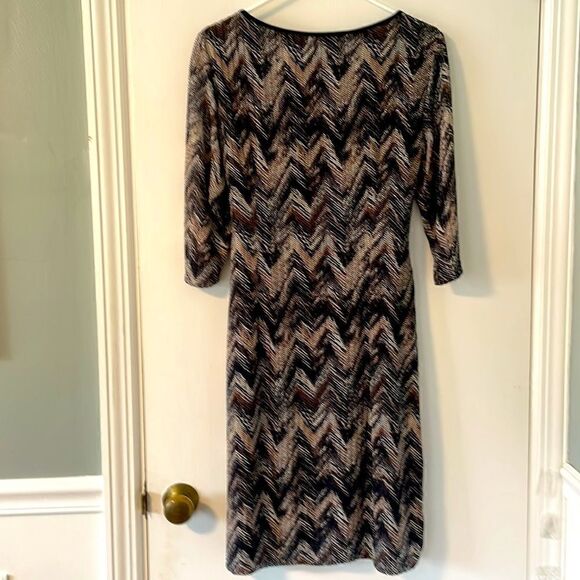 studio one new york lined earth tone chevron 3/4 sleeve dress & attached sash 12 - Picture 5 of 13